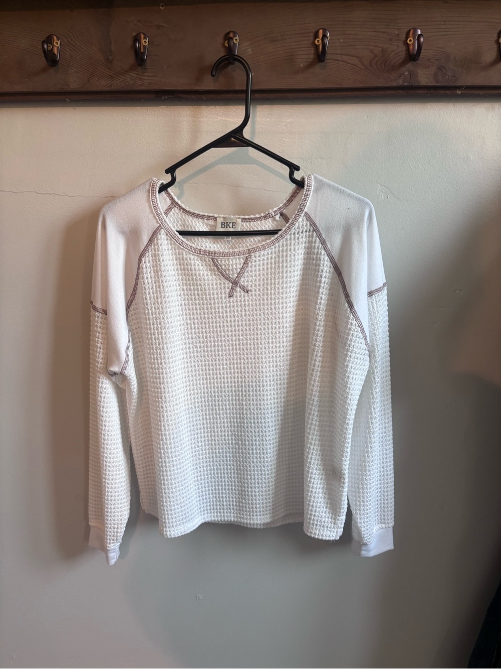 BKE Cream Waffle-Knit Pullover with Contrast Stitching